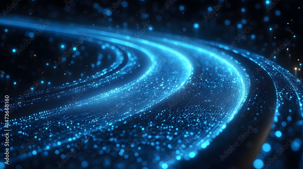 Leinwandbilder Luminous blue particles converge into dynamic, curved streams of light, creating depth and motion. Scattered background lights enhance the futuristic, dreamy vibe. Abstract wireframe in dark blue.