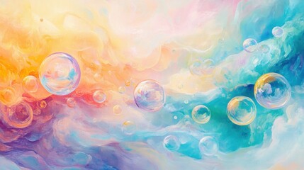 Colorful abstract painting of floating bubbles in a dreamlike sky