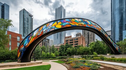 Obraz premium Colorful archway sculpture in urban park setting