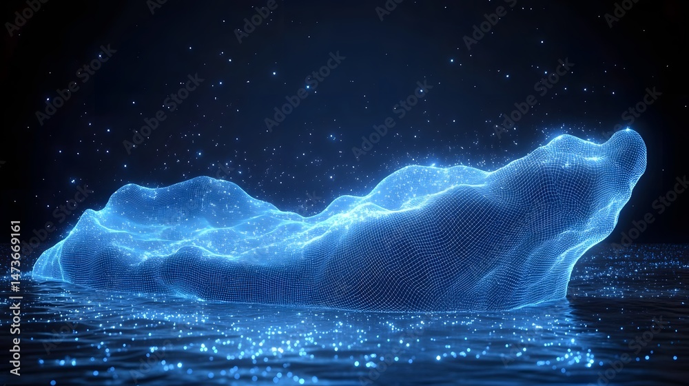 Poster Futuristic blue wireframe terrain hovers over a reflective surface in a dark, star-speckled background, creating a technological fantasy. Abstract wireframe in dark blue