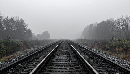 Fototapeta premium Foggy train tracks rural landscape photography serene environment perspective on journey