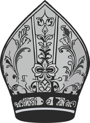 Elegant Ornamental Vector Pope Hat Illustration – Detailed Black and White Mitre Design with Baroque Floral Elements for Religious and Ecclesiastical Use