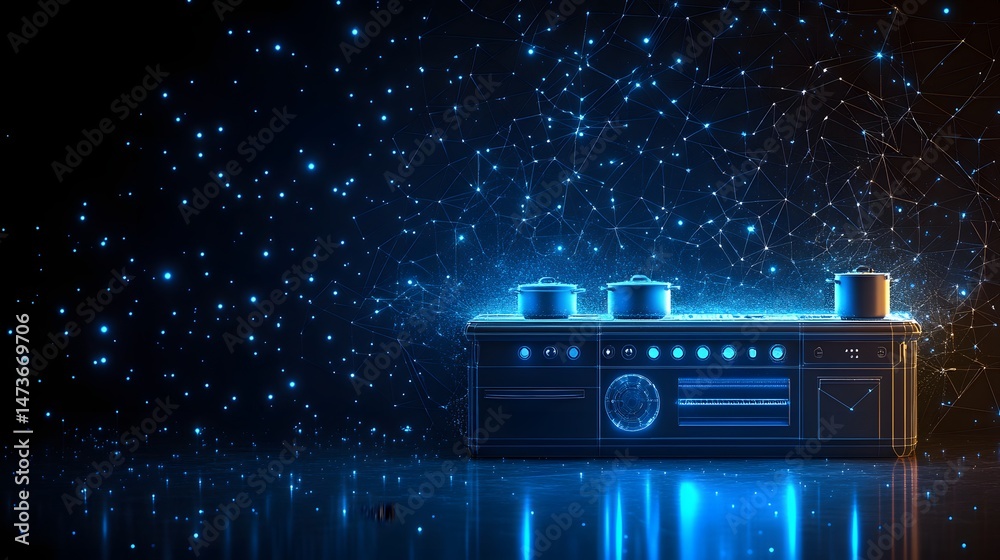 Poster futuristic stove blueprint with glowing blue lines on a dark, reflective surface. a technological ne