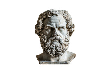 Obraz premium Ancient Marble Sculpture, Classical marble bust with curly beard and blank eyes, echoing ancient wisdom and timeless artistic mastery, isolated on a transparent background