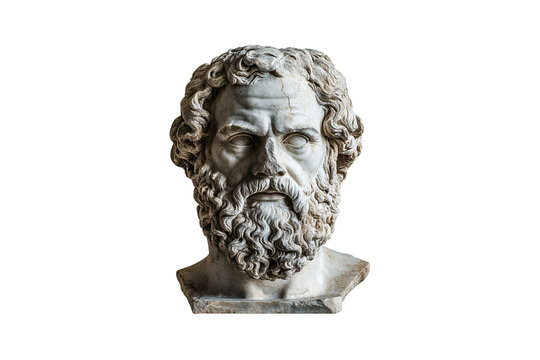 Ancient Marble Sculpture, Classical marble bust with curly beard and blank eyes, echoing ancient wisdom and timeless artistic mastery, isolated on a transparent background