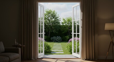Fototapeta premium Open Doors View of a Lush Garden Pathway on Sunny Day