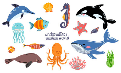 Sea animals set. Fun marine characters for kids prints, stickers, and learning materials.  Dolphin, whale, jellyfish, octopus, starfish. Vector illustration © Iryna