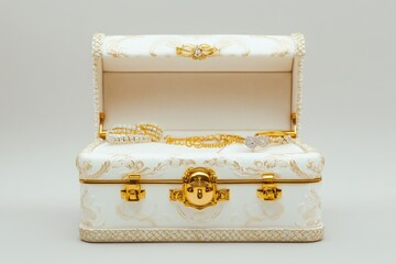 Elegant white jewelry box with gold accents, open to reveal various pieces of jewelry inside