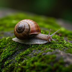 Close-up Photography of a Snail Crawling on Moss-Covered Rock Nature's Slow Pace, Detailed Shell, and Green Ecosystem