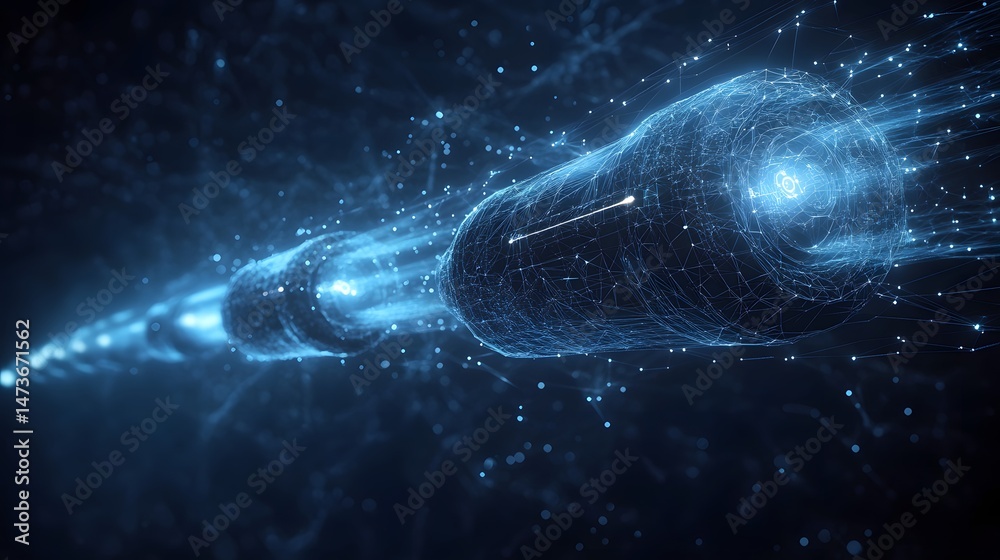 Aufkleber Futuristic neuron illustration with glowing blue nodes and interconnected lines. Represents neural networks, data transmission, and AI. Abstract wireframe in dark blue.