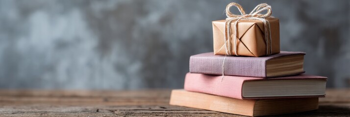 Gift Box Placed on Top of Stack of Books With Rustic Wooden Table and Clear Corner Setting