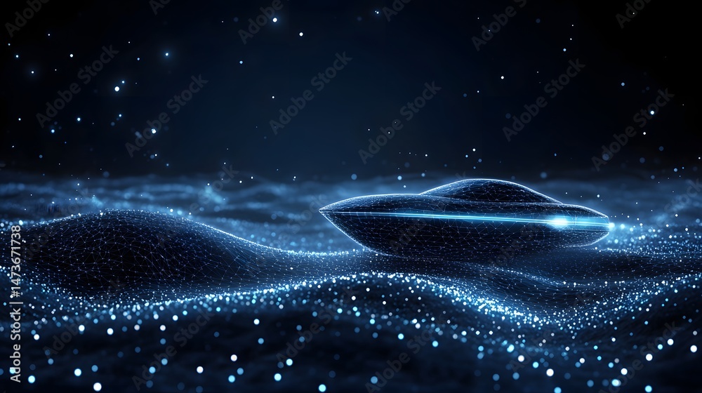 Aufkleber futuristic flying saucer descends onto a digital landscape. luminous particles enhance the scene. ad