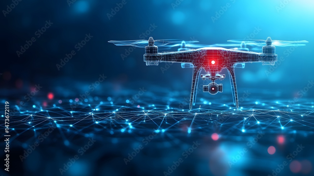 Fototapete Futuristic drone hovers above a glowing network. Red and blue lights create a tech-forward atmosphere, perfect for digital innovation concepts. Abstract wireframe in dark blue.