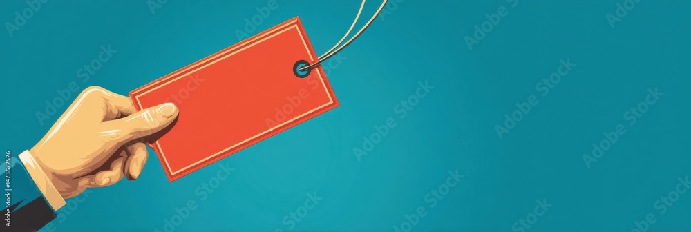 Poster Hand Holding a Vibrant Price Tag on an Open Solid Background Representing Shopping and Consumerism