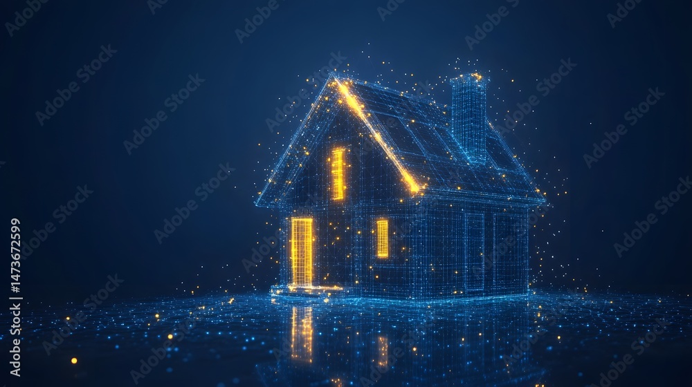 Poster Futuristic wireframe house illustration against a dark blue gradient. Glowing yellow highlights add depth to this digital rendering. Abstract wireframe in dark blue.