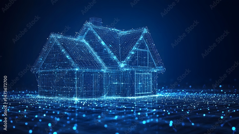 Poster a digital house rendered in luminous blue wireframe against a dark blue backdrop. the architectural 