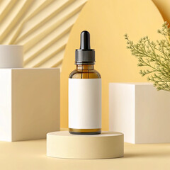 Brown glass dropper bottle with black dropper cap and blank white label, placed on a round beige pedestal against a yellow textured backdrop with geometric white blocks – Minimalist Product Concept