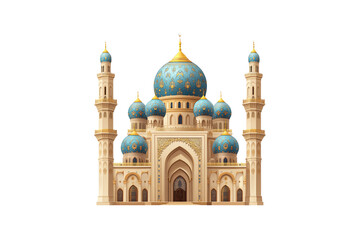 Lavish mosque with vibrant turquoise domes, golden embellishments, and tall symmetrical minarets, front-facing, isolated on a transparent background