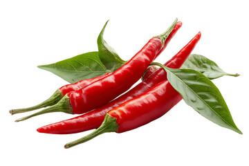 Vibrant Red Chili Peppers with Green Leaves, PNG