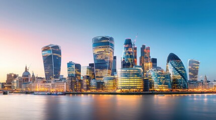 Obraz premium Sleek and Sophisticated Skyline of Several European High-Rise Buildings at Dusk