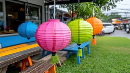 Colorful Paper Lanterns Hanging Outside a Café in Daylight