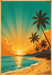 Obraz premium Retro Pixel Art Tropical Sunset Beach Scene