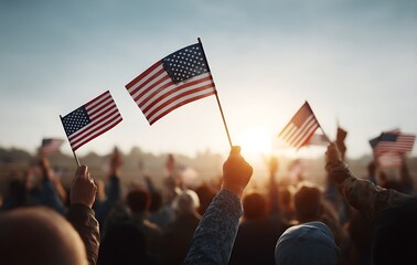 Proud Americans waving flags at sunset a patriotic scene of unity and national pride