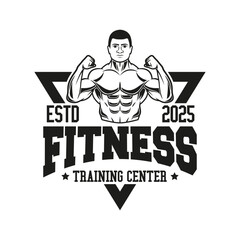 Monochrome fitness logo vector emblem isolated. Gym and fitness badge vector element Illustration. Design elements for gym and fitness logo vector emblem, badge, label in vintage style