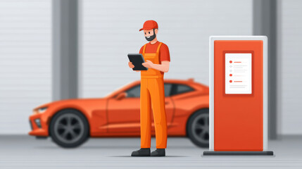 Fototapeta premium Garage assistant orange uniform checks vehicle data tablet, with sports car background, showcasing modern automotive service