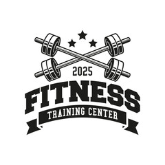 Monochrome fitness logo vector emblem isolated. Gym and fitness badge vector element Illustration. Design elements for gym and fitness logo vector emblem, badge, label in vintage style