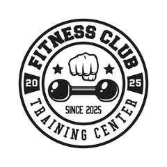 Monochrome fitness logo vector emblem isolated. Gym and fitness badge vector element Illustration. Design elements for gym and fitness logo vector emblem, badge, label in vintage style