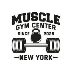 Monochrome fitness logo vector emblem isolated. Gym and fitness badge vector element Illustration. Design elements for gym and fitness logo vector emblem, badge, label in vintage style