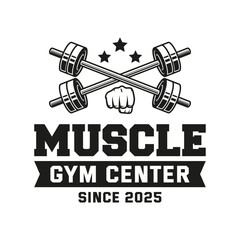 Monochrome fitness logo vector emblem isolated. Gym and fitness badge vector element Illustration. Design elements for gym and fitness logo vector emblem, badge, label in vintage style