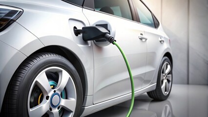 Fototapeta premium Electric vehicle charging with a power supply connected to its battery, highlighting the charging cable and socket , power supply, automotive