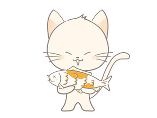 Obraz premium 鯉を持って立つ白猫のイラスト