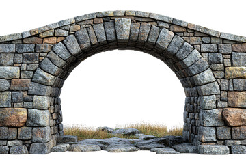 Short stone arch bridge over grassy field with natural rocks and soft curve at top, isolated on a transparent background