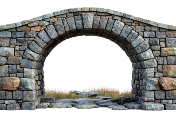 Short stone arch bridge over grassy field with natural rocks and soft curve at top, isolated on a transparent background