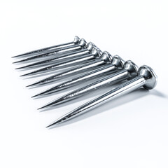 Sharp Metal Nails Gleaming Silver Arranged in a Row