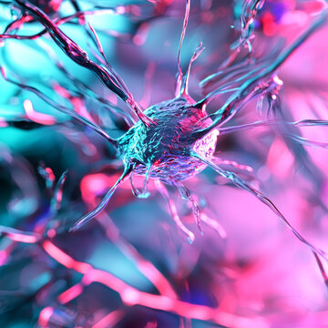 Neon-lit neuron, intricate network, vibrant cell structure