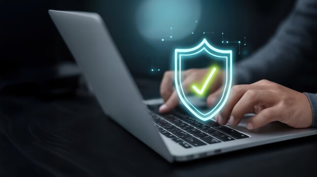 Person typing on laptop with digital shield and checkmark floating above highlights active zero trust security, privacy tools, and secure device usage