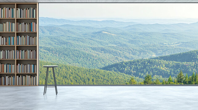 Mountain View Room with Bookshelf and Stool