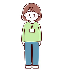 微笑むユニフォームを着た中年女性スタッフ