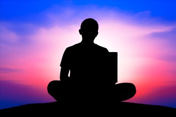 Fototapeta premium Silhouette of with laptop against breathtaking sunset the freedom of the digital nomad lifestyle