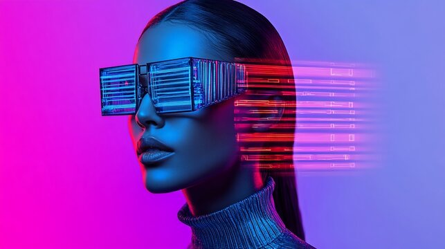 Futuristic woman with glowing glasses, data streams