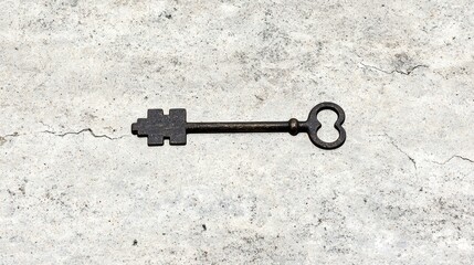 A black key with a heart-shaped handle on a concrete surface.