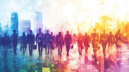 Silhouettes of Business People Walking in a Cityscape with Abstract Geometric Background