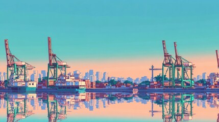 Tranquil Harbor Sunrise Cargo Ships and Cranes Reflected in Calm Water
