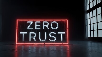 Neon light letters forming zero trust show bright message for zero trust security, privacy framework, and secure digital strategy
