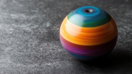 Close-up of a small, round object with a colorful striped pattern. the object appears to be made of ceramic or porcelain and has a smooth, shiny surface.