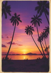 Silhouette Palm Trees at Tropical Sunset Beach